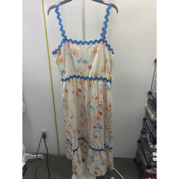 CeCe Dresses & Skirts - CeCe Ric-Rac Trim Coastal Print Linen Blend Midi Dress XL Blue Orange White